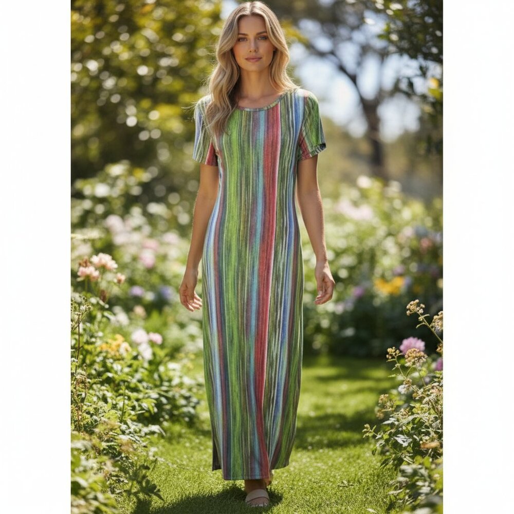 Lexington Avenue Women’s S Multicolor Striped Short Sleeve Maxi Dress Tie Waist
